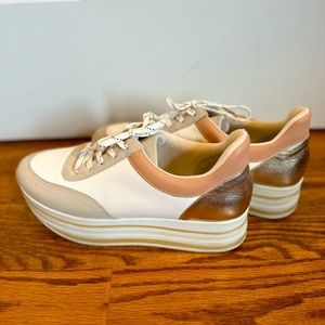 Platform sneakers, white, gold, mauve